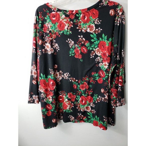 The Pioneer Woman 2X Black Red Flowers 3/4 Sleeve V-Neck Tunic Stretch top - Picture 7 of 8